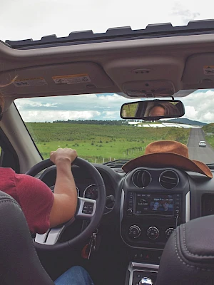 A person drives a car with two passengers; open road ahead, green fields, and blue sky visible through the windshield, wearing a straw hat on the dashboard.